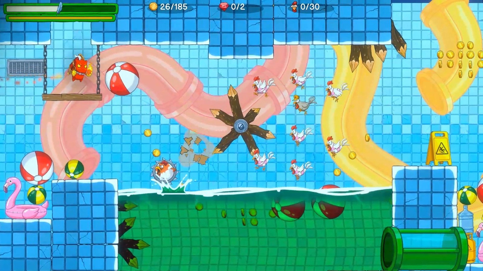 A water-park level of pink and yellow slides, beach balls and a flamingo float, with chickens streaming past a spinning saw trap, in Pillow vs Chickens